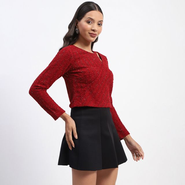 Women's Wine Embellished Shoulder Cutout Top