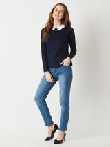 Women's Navy Blue Collared Round Neck Full Sleeves Cotton Solid Button Top