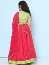 Girls Green and Pink Ethnic Sleeveless Woven Design Choli and Lehenga with Dupatta