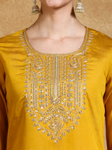 Women's Yellow Zari Embroidered Yoke Kurta with Trouser and Dupatta