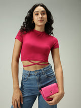 Women's Pink Casual Fitted Solid Top