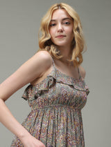 Women's Green Casual Fit & Flare Printed Dress