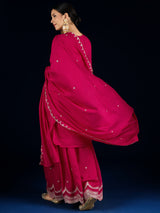 Women's Fuchsia Straight Fit Kurta With Zari Embroidery With Sharara And Dupatta