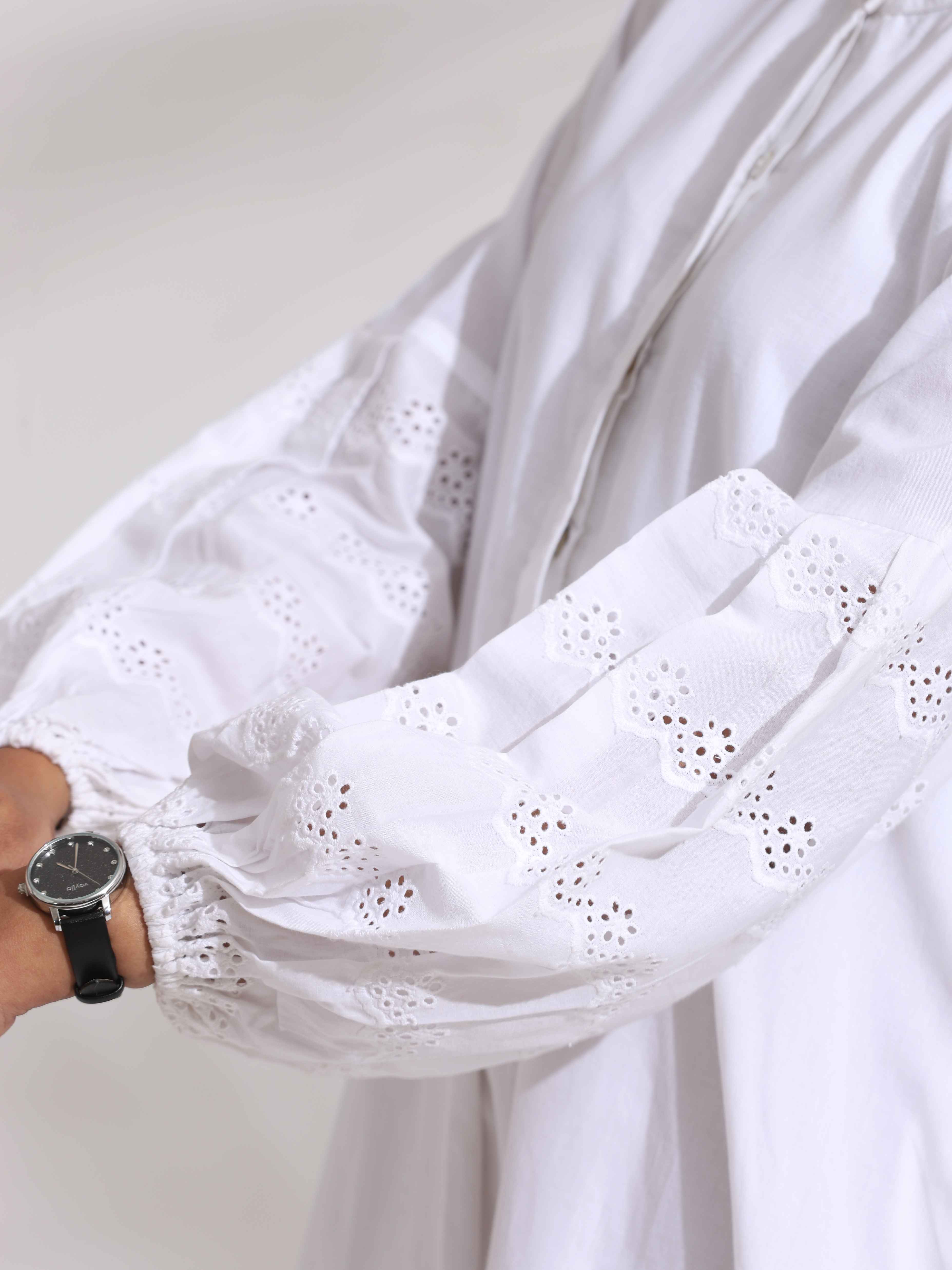 Women's White Cotton Schiffli Short Dress