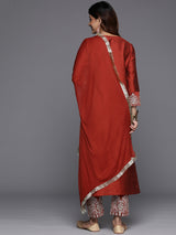Women's Rust Thread And Sequins Embroidred Kurta With Bottom And Dupatta