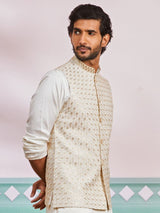 Men's White Rayon Floral Embroidered Full Sleeves Nehru Jacket
