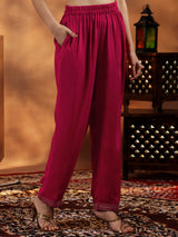 Women's Pink Printed Kurta With Woven Design Floral Motifs & Trouser With Dupatta