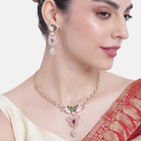 Women's Gold Plated CZ Peacock Designer Necklace Set with Enamel