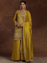 Women's Mustard Ethnic Motif Zari Embellished Short Kurta With Palazzos and Dupatta