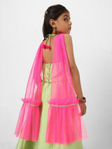 Girls Green Printed Sleeveless Lehenga Set with Dupatta