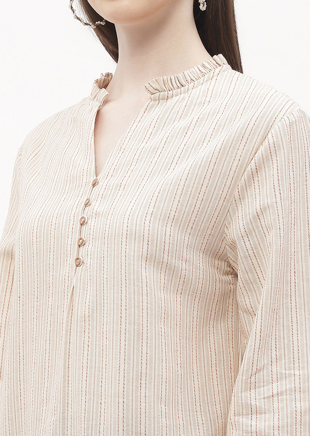 Women's Beige Casual Full Sleeve Ruffle Mandarin Collar Striped Top