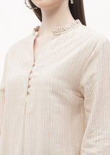 Women's Beige Casual Full Sleeve Ruffle Mandarin Collar Striped Top