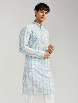 Men's Blue Rayon Schiffli Embroidery Kurta
