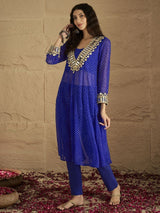 Women's Blue Graceful Kurta Set Featuring Gota Patti Paired with Solid Trouser