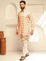 Men's Peach Cotton Daman Print Long Kurta with Krochet Embroidery