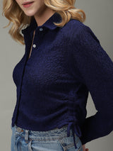 Women's Navy Casual Crop Solid Shirt