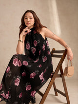 Women's Black Halter Neck Floral Printed Dress
