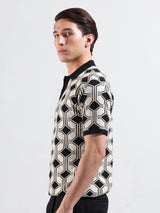 Men's White Slim Fit Textured Polo Collar Tshirt