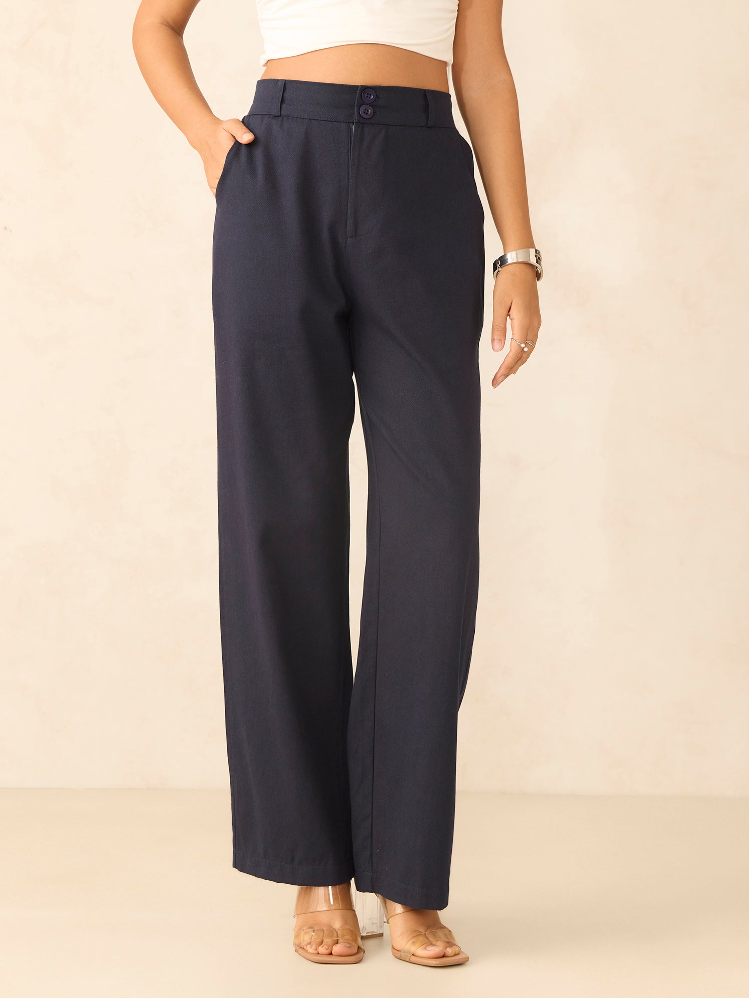Women's Blue Casual Straight Fit Trouser