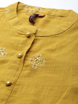 Women's Mustard Yellow Ethnic Motifs Embroidered Mirror Work Pure Cotton Kurta with Salwar