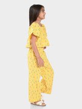 Girls Yellow Casual Printed Regular Fit Half Sleeves Clothing Set