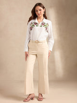 Women's Off White Casual Self-Design Full Sleeves Shirt