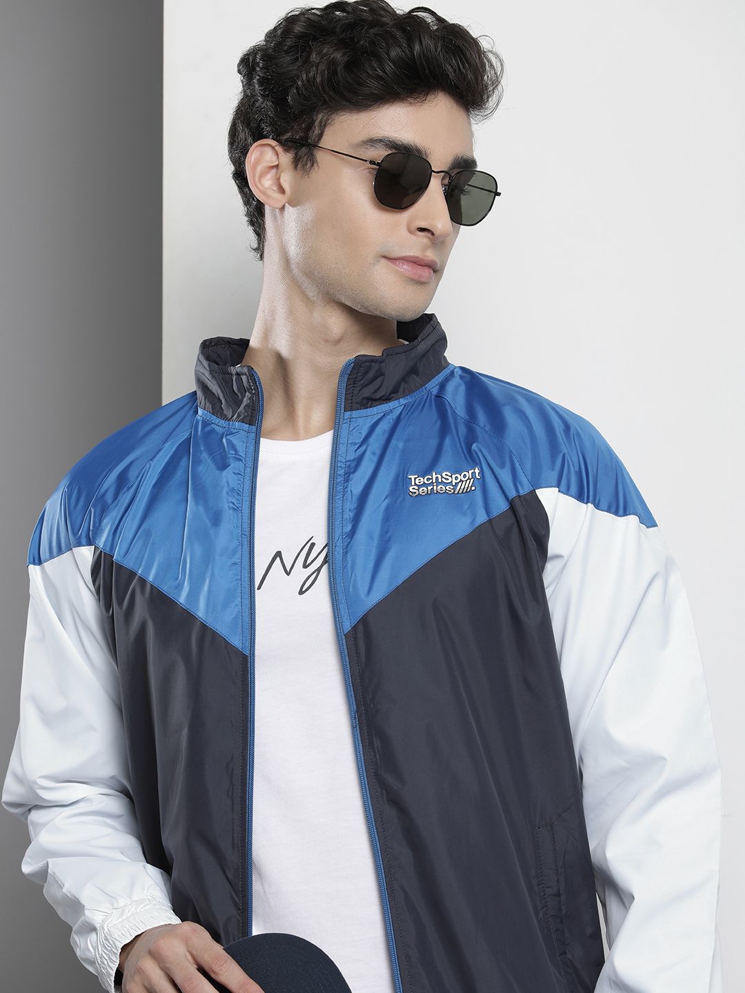 Men's Navy Colorblocked Casual Jacket