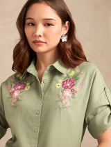 Women's Green Casual Floral Half Sleeves Shirt
