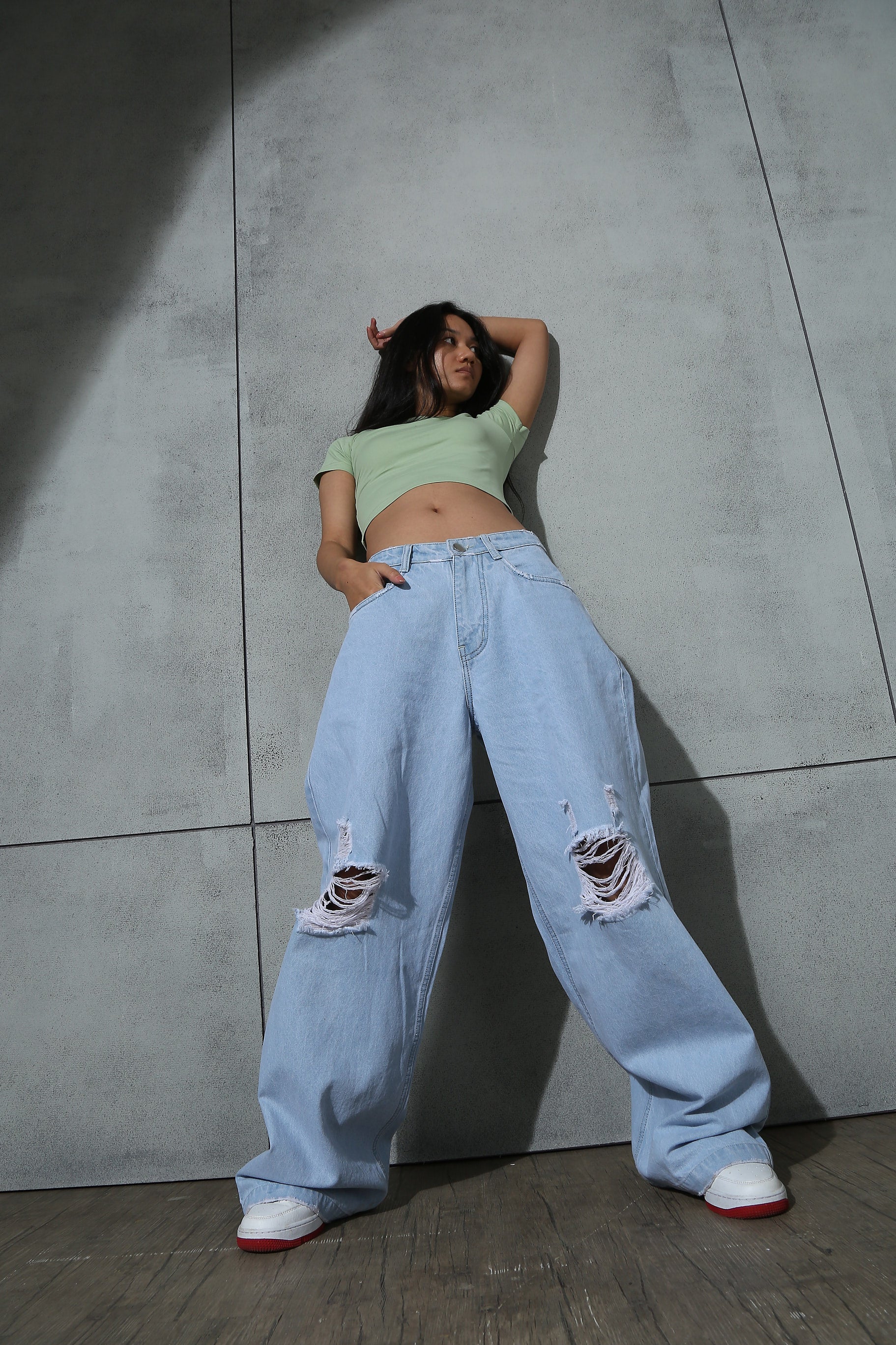 Unisex Blue Casual Medium Distressed Baggy Fit Jeans