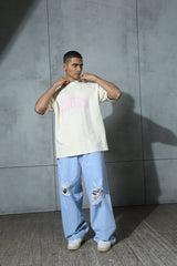 Unisex Blue Casual Medium Distressed Baggy Fit Jeans