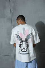 Unisex White Casual Oversized Fit Printed Half Sleeves Tshirt