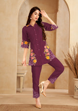 Women's Wine Chinnon Floral Embroidered Co-Ord Set