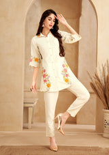 Women's White Work Regular Fit Embroidered Three Quarter Sleeves Co-Ord Sets
