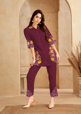 Women's Wine Chinnon Floral Embroidered Co-Ord Set