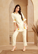 Women's White Work Regular Fit Embroidered Three Quarter Sleeves Co-Ord Sets