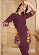 Women's Wine Chinnon Floral Embroidered Co-Ord Set