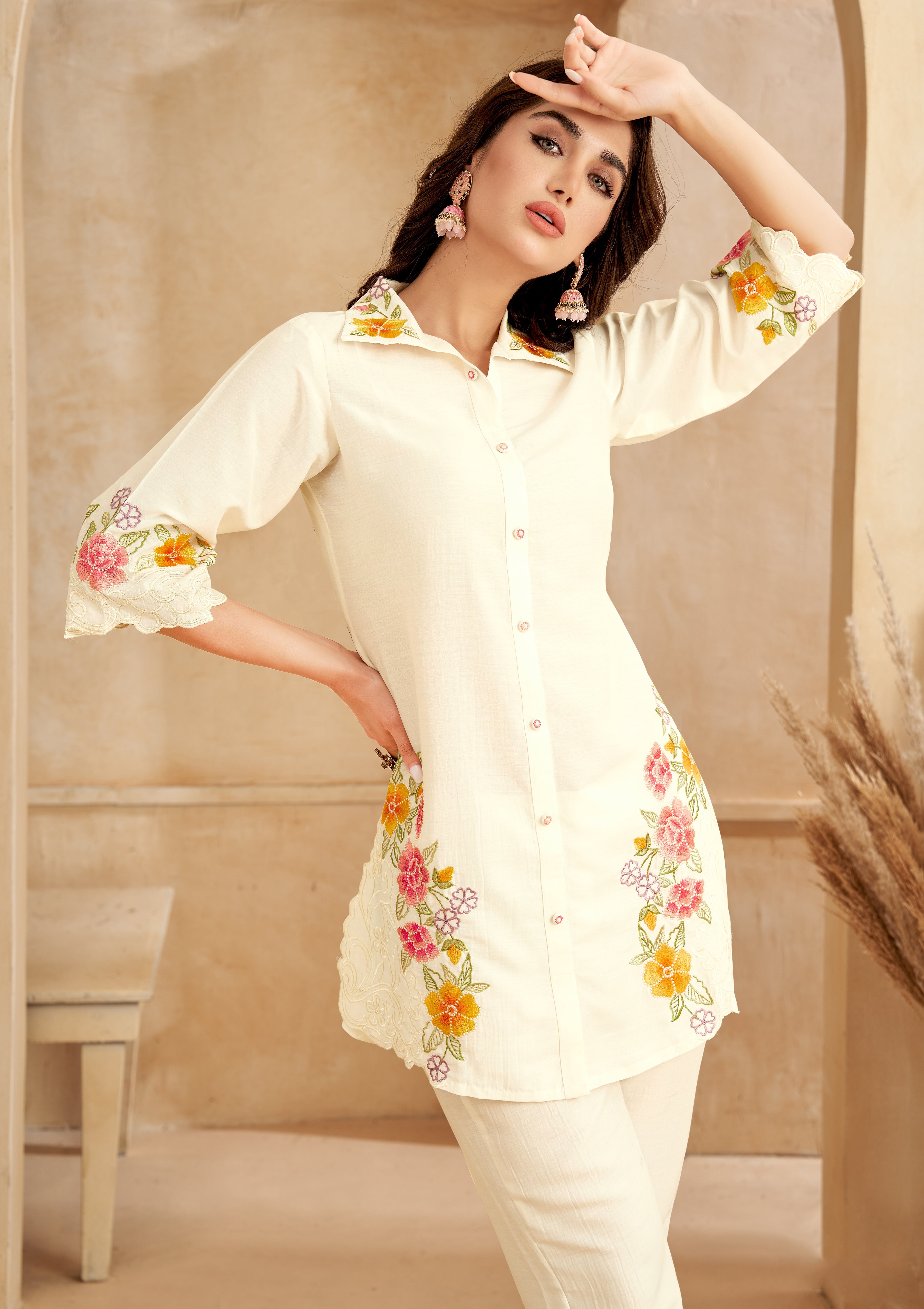 Women's White Work Regular Fit Embroidered Three Quarter Sleeves Co-Ord Sets