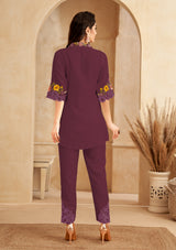 Women's Wine Chinnon Floral Embroidered Co-Ord Set