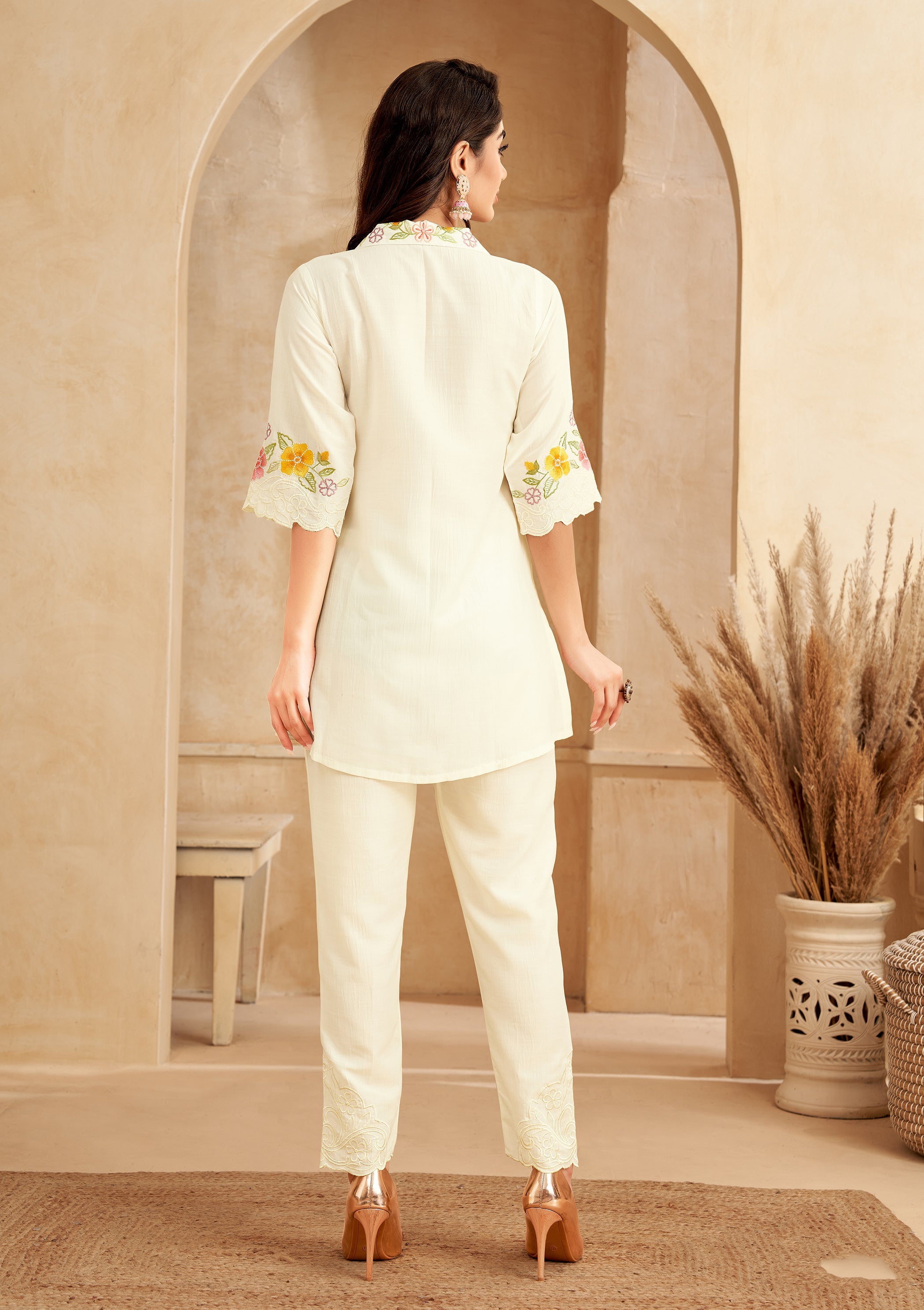 Women's White Work Regular Fit Embroidered Three Quarter Sleeves Co-Ord Sets