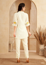 Women's White Work Regular Fit Embroidered Three Quarter Sleeves Co-Ord Sets