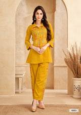 Women's Mustard Chinnon Floral Embroidered Co-Ord Set