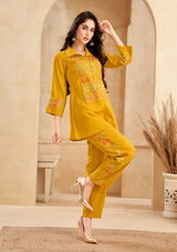 Women's Mustard Chinnon Floral Embroidered Co-Ord Set