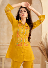 Women's Mustard Chinnon Floral Embroidered Co-Ord Set