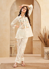 Women's White Chinnon Floral Embroidered Co-Ord Set