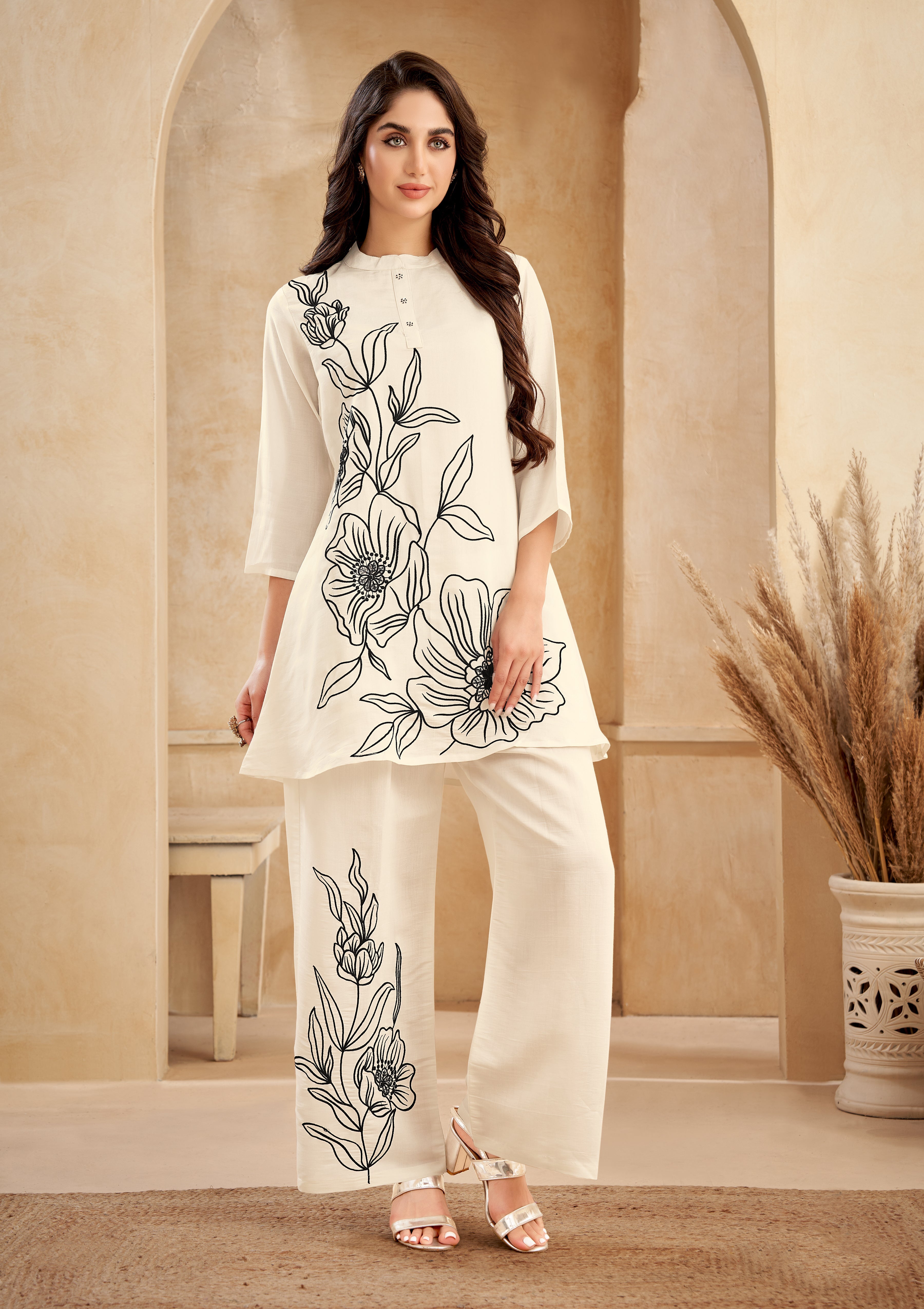 Women's Beige Work Regular Fit Embroidered Three Quarter Sleeves Co-Ord Sets
