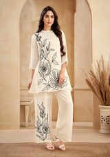 Women's Beige Work Regular Fit Embroidered Three Quarter Sleeves Co-Ord Sets