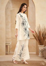 Women's Beige Work Regular Fit Embroidered Three Quarter Sleeves Co-Ord Sets