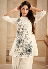 Women's Beige Work Regular Fit Embroidered Three Quarter Sleeves Co-Ord Sets