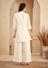 Women's Beige Work Regular Fit Embroidered Three Quarter Sleeves Co-Ord Sets
