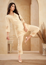 Women's Off White Motif Golden Thread Chinnon Co-Ord Set